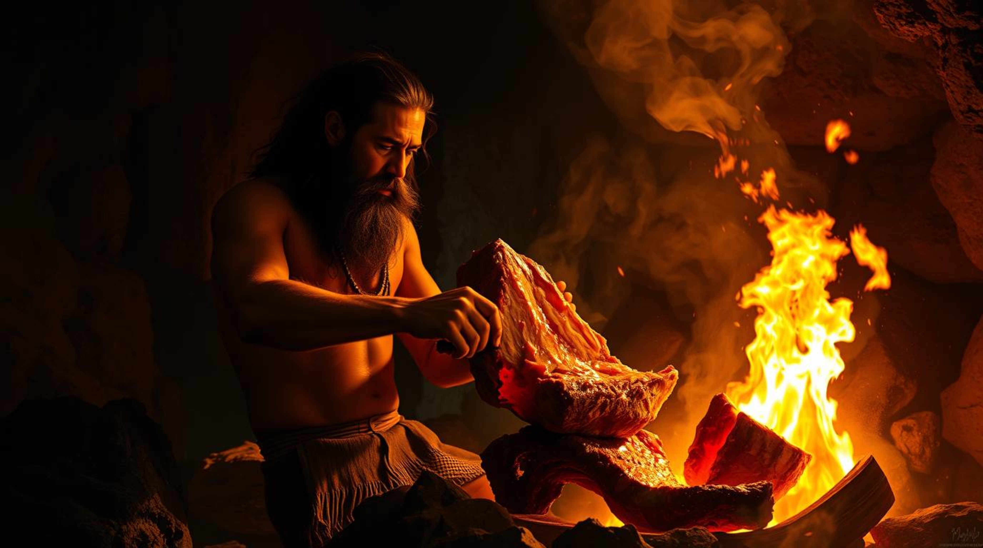 Experience a captivating digital painting depicting a caveman skillfully cooking mammoth meat. The artwork utilizes dramatic 