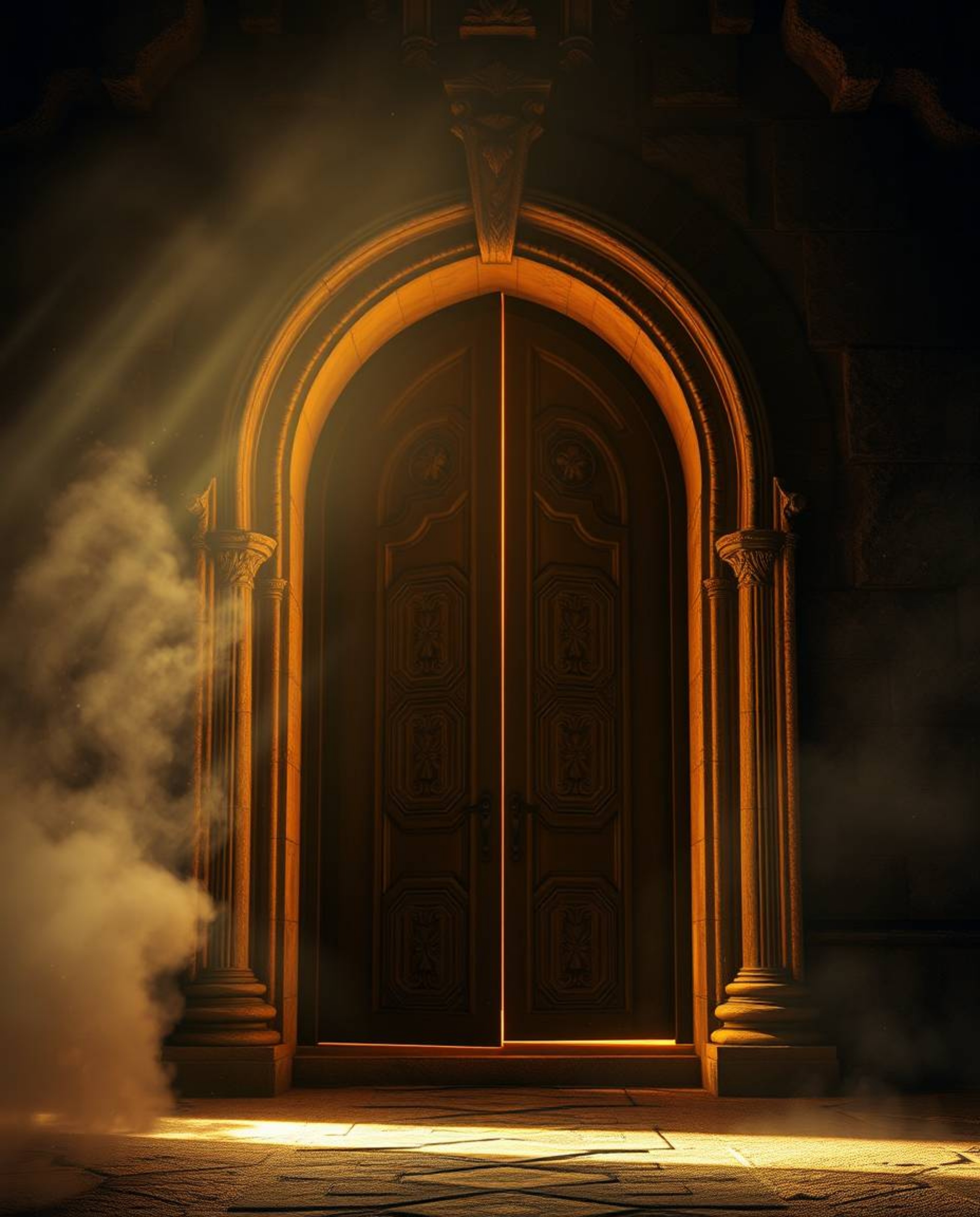 Explore a breathtaking scene featuring volumetric lighting illuminating an ancient doorway adorned with glowing runes, seamle