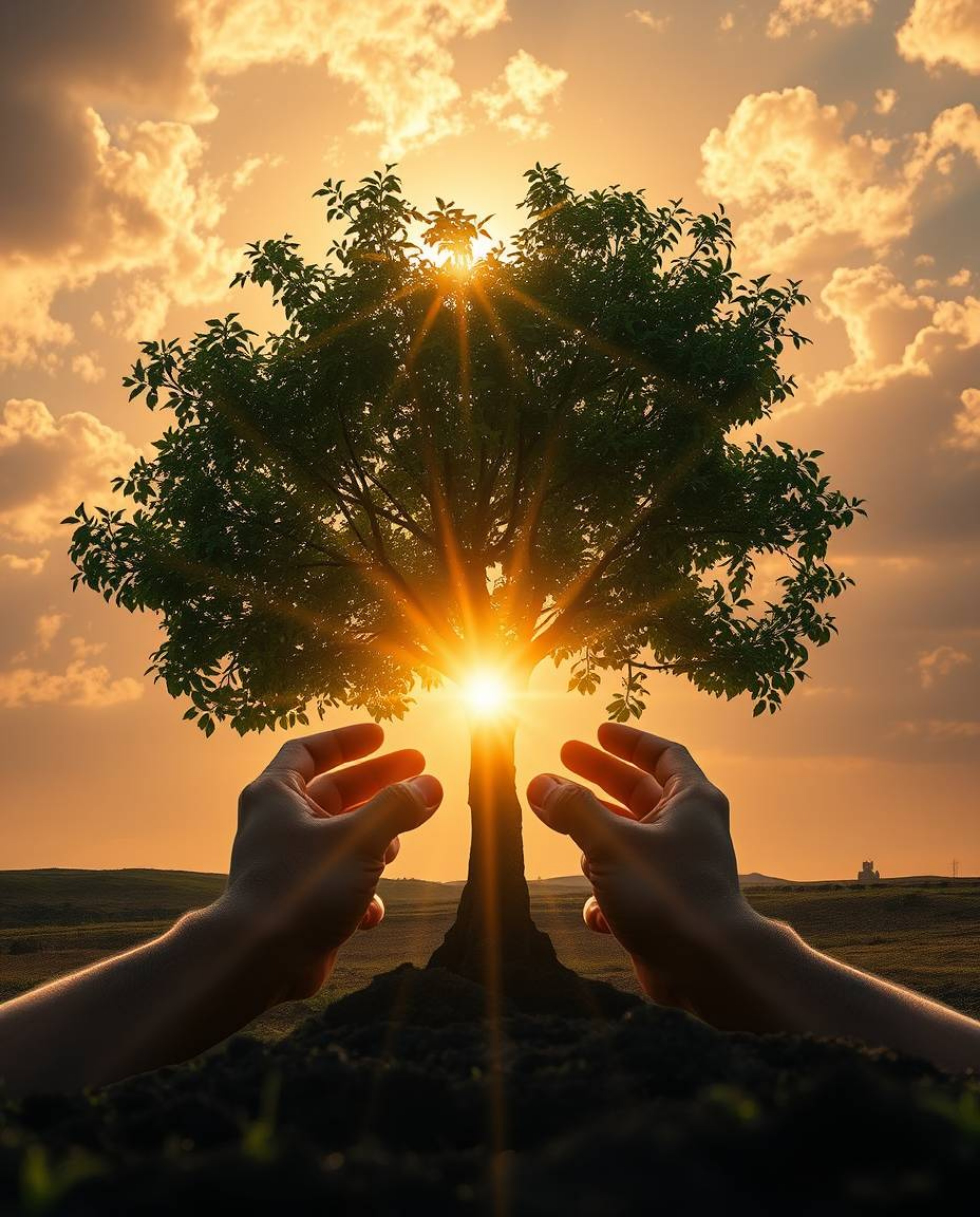 A breathtaking image showcasing hands planting a tree under a vibrant golden sky.  Epic lens glow lighting illuminates the sc