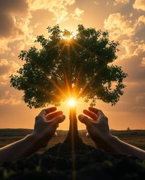 A breathtaking image showcasing hands planting a tree under a vibrant golden sky.  Epic lens glow lighting illuminates the sc