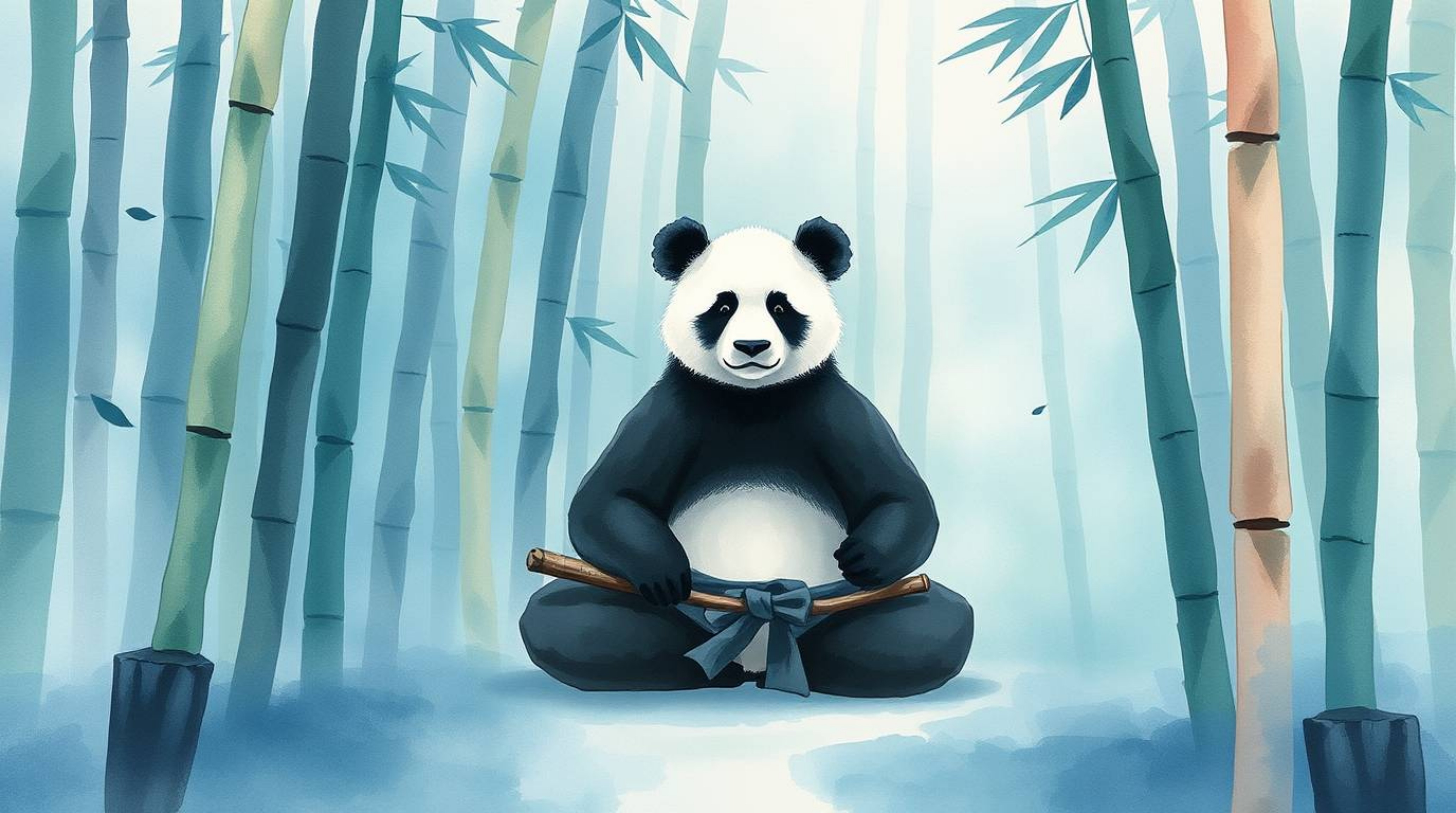Immerse yourself in a delicate watercolor painting depicting a meditating martial artist panda within a mystical bamboo fores