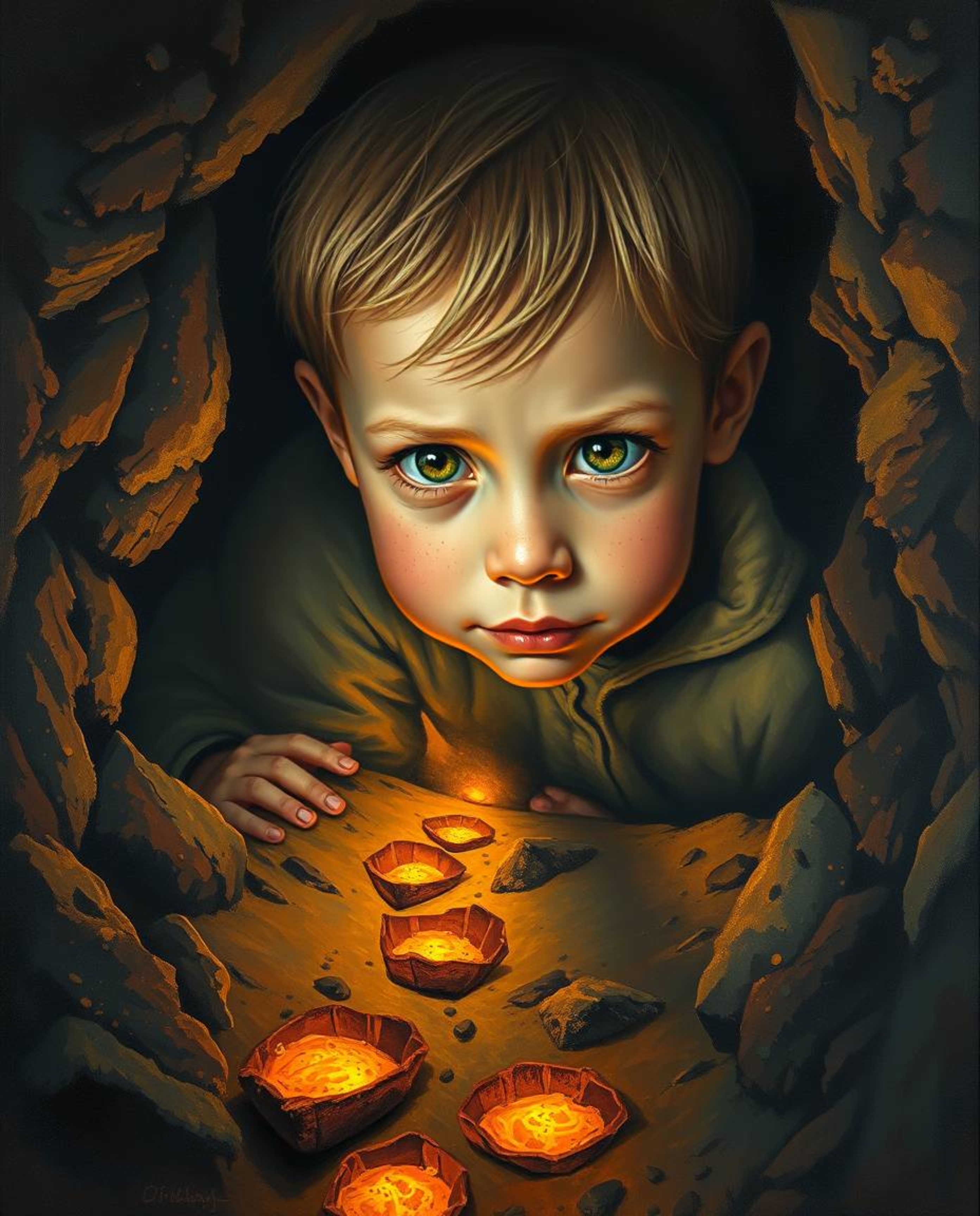 A captivating classic oil painting depicts a child with freckles and bright eyes, drawn into a mysterious cave by a trail of 