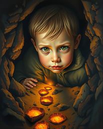 A captivating classic oil painting depicts a child with freckles and bright eyes, drawn into a mysterious cave by a trail of 