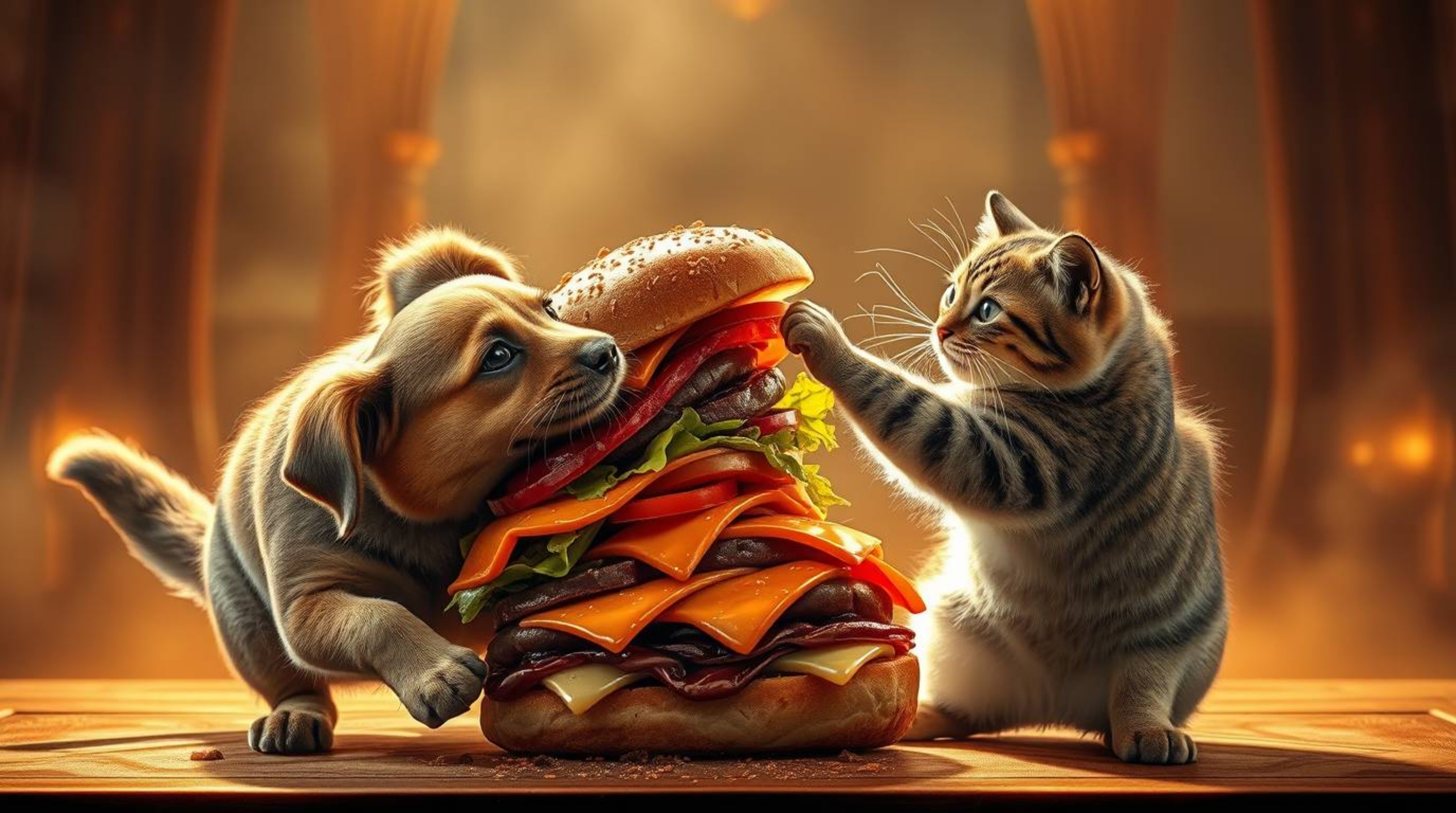 Witness an epic battle as a dog and cat clash over a colossal sandwich bathed in the warm glow of golden hour light, with ric