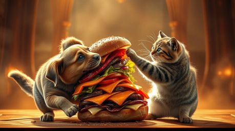 Witness an epic battle as a dog and cat clash over a colossal sandwich bathed in the warm glow of golden hour light, with ric