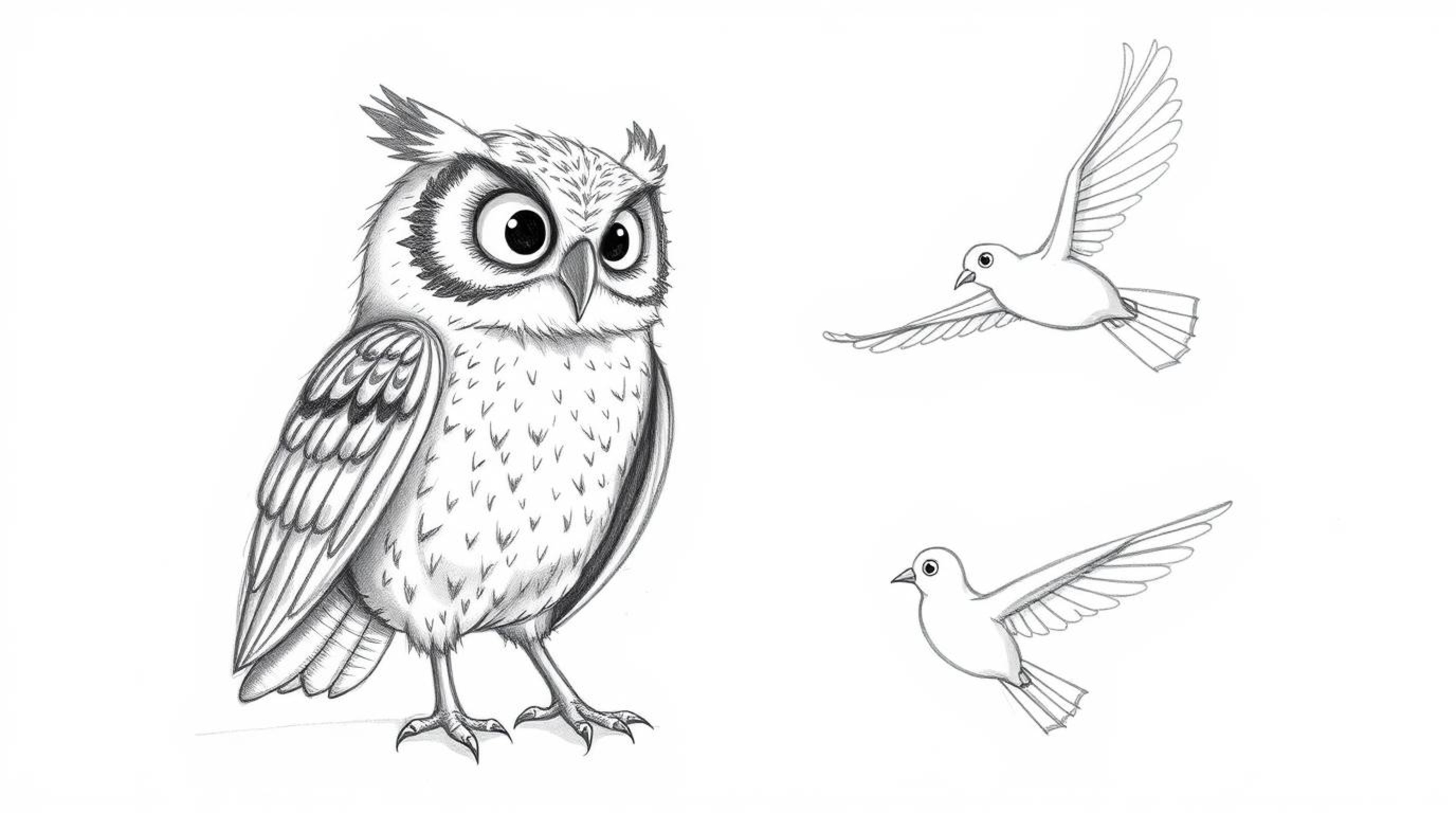 A heartwarming scene depicts a blind owl, lovingly rendered with textured pencil strokes, patiently guiding young birds on th