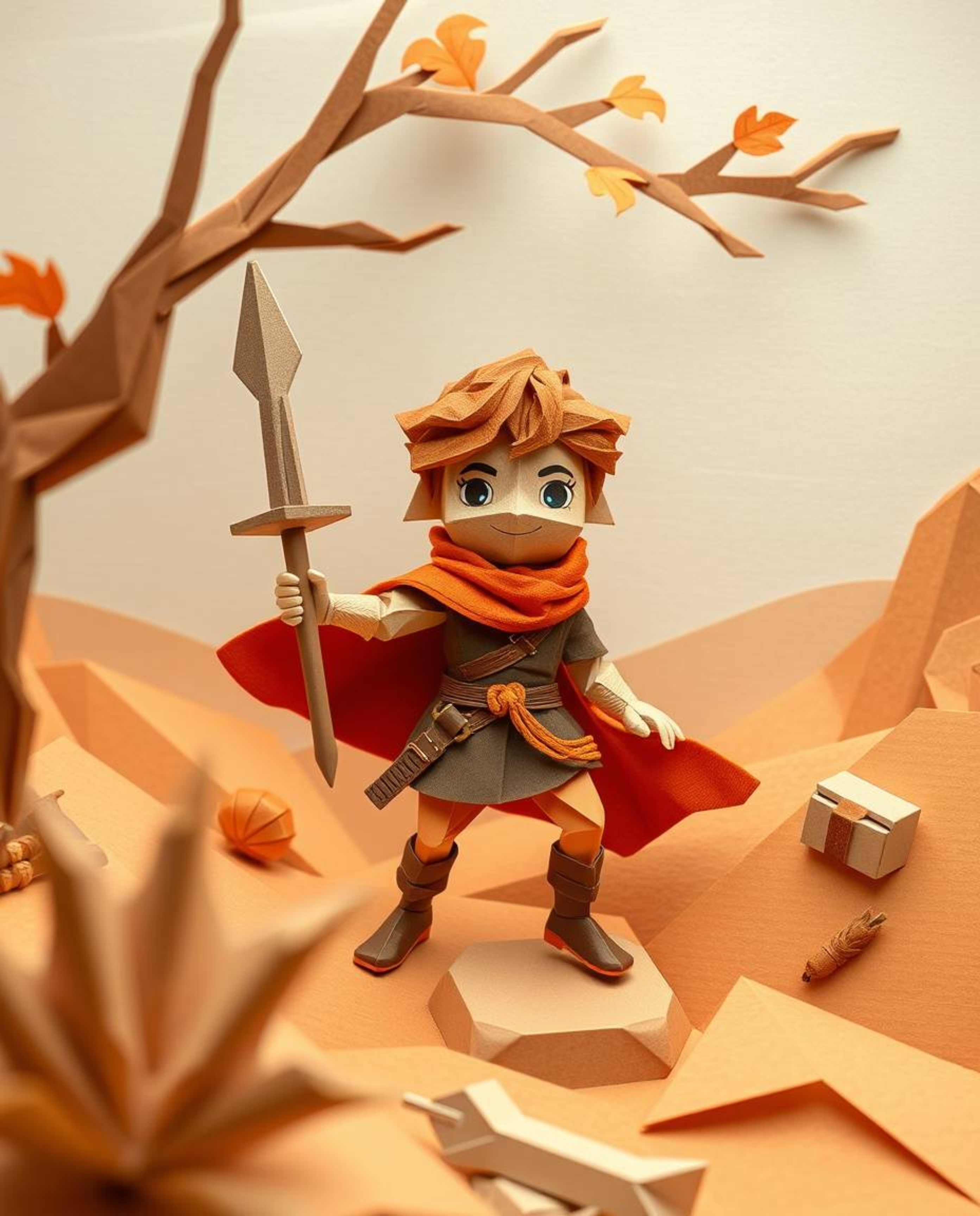 Embark on a thrilling Disney-style desert adventure with a brave hero rendered in an intricate origami style.  The artwork ut