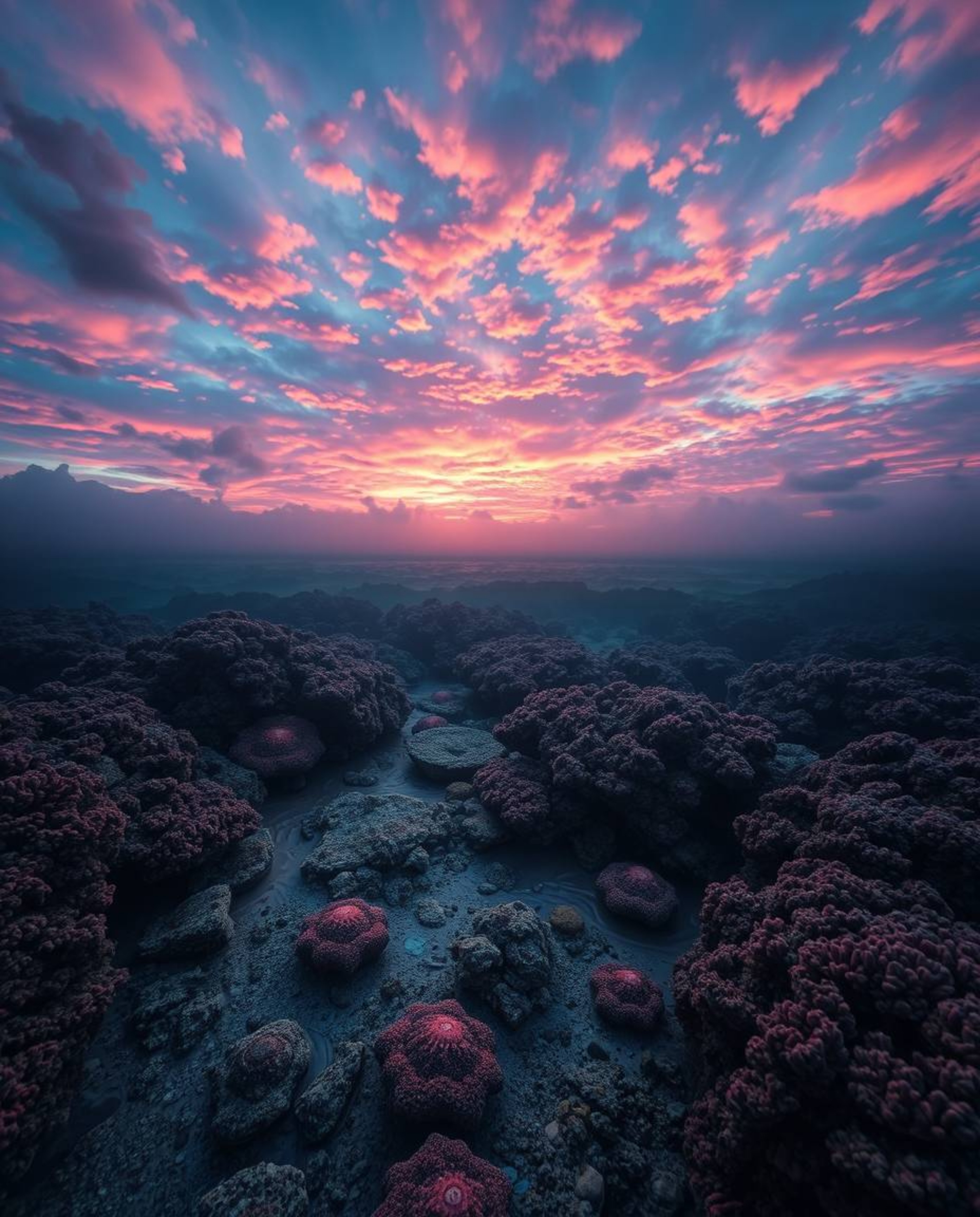 A dreamlike and eerie coral reef scene is depicted at low tide, set against a vibrant, colorful sky. The artwork is character