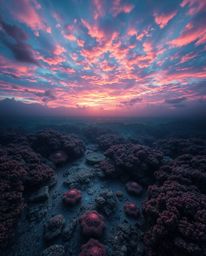 A dreamlike and eerie coral reef scene is depicted at low tide, set against a vibrant, colorful sky. The artwork is character