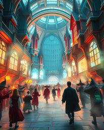Experience an epic scene of a magical school brimming with young wizards.  This vibrant illustration features modern, futuris