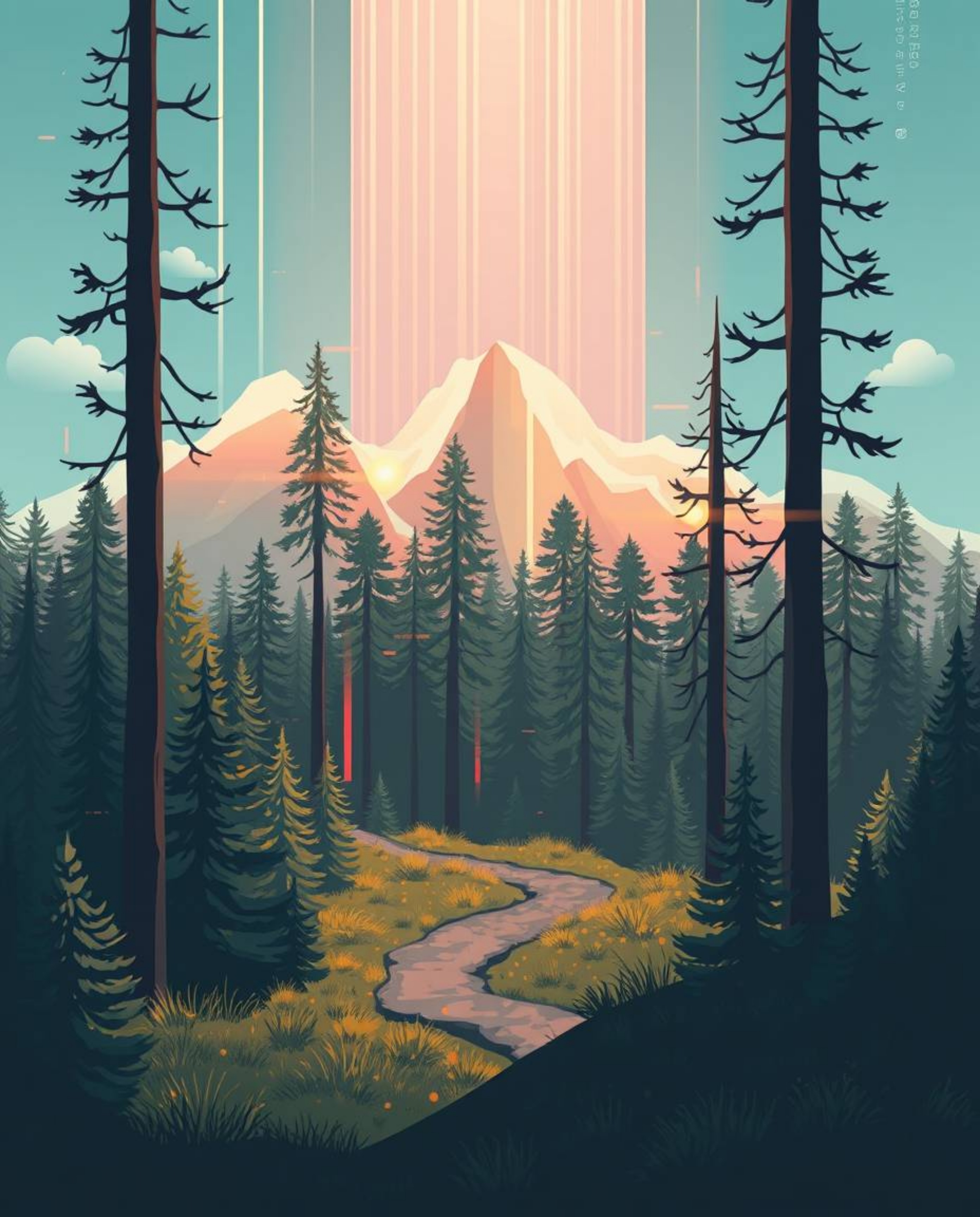 A captivating modern flat design illustration depicts a digital glitch overlaid on a serene forest scene.  Epic lens glow lig