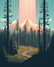 A captivating modern flat design illustration depicts a digital glitch overlaid on a serene forest scene.  Epic lens glow lig