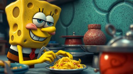 A tight close-up shot captures a sponge character diligently preparing food in an underwater kitchen, focusing on intricate t