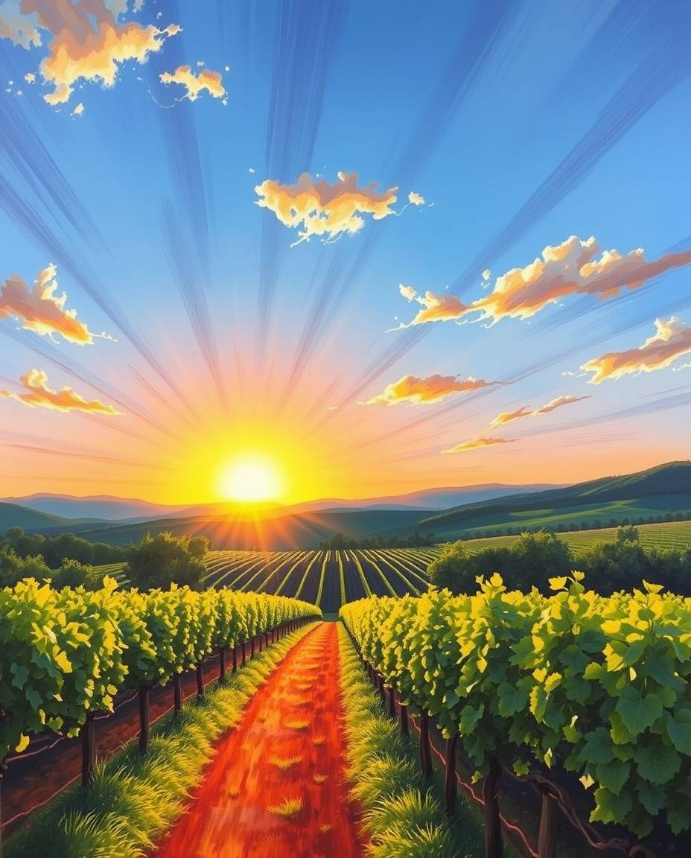 A vibrant painting captures a stunning sunset over a vineyard, where strong, hard light illuminates the rows of grapevines. T