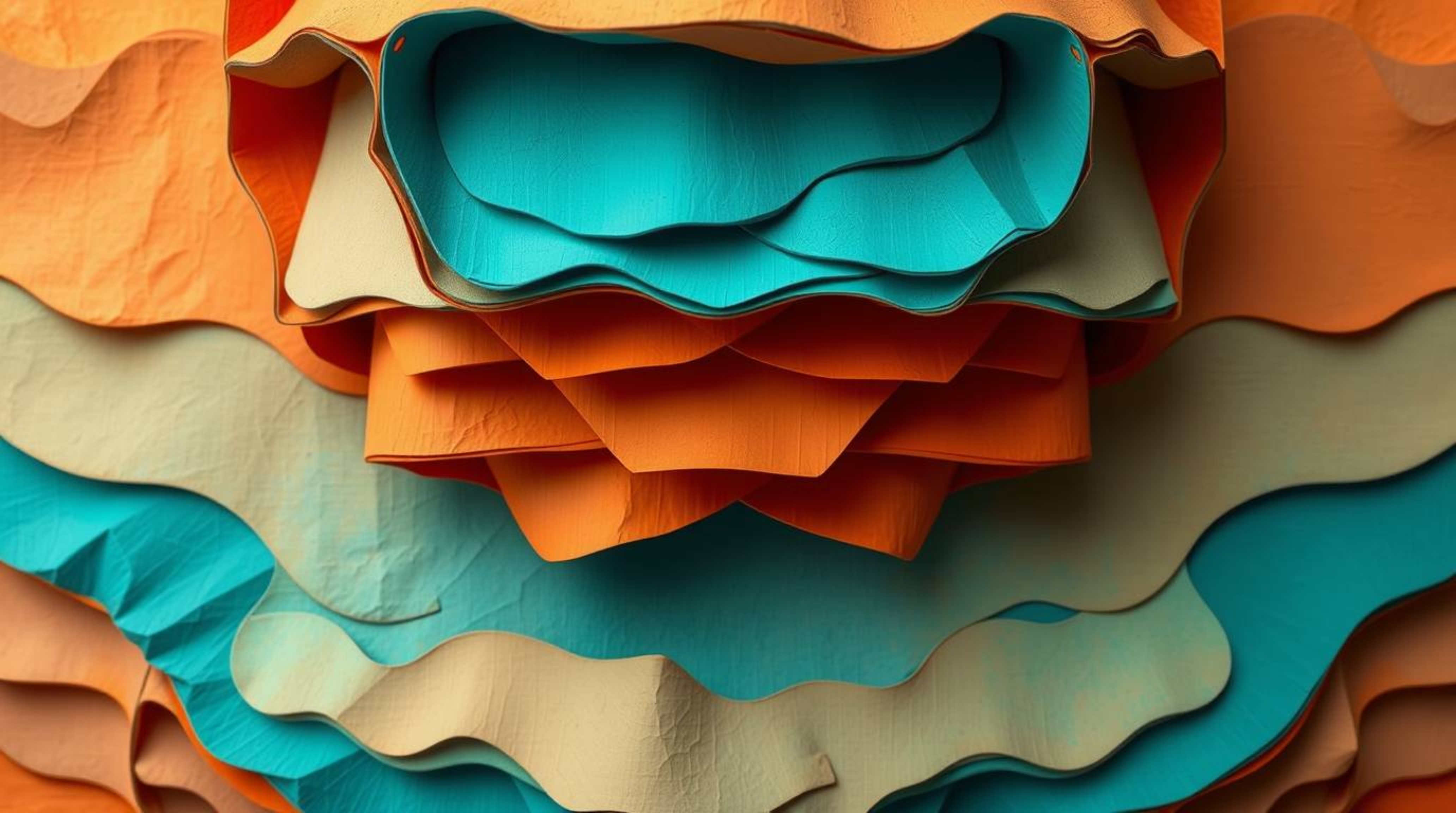 Discover a captivating blend of warm terracotta and cool teal in this layered papier-mâché sculpture.  Its abstract design, f