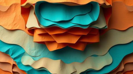 Discover a captivating blend of warm terracotta and cool teal in this layered papier-mâché sculpture.  Its abstract design, f