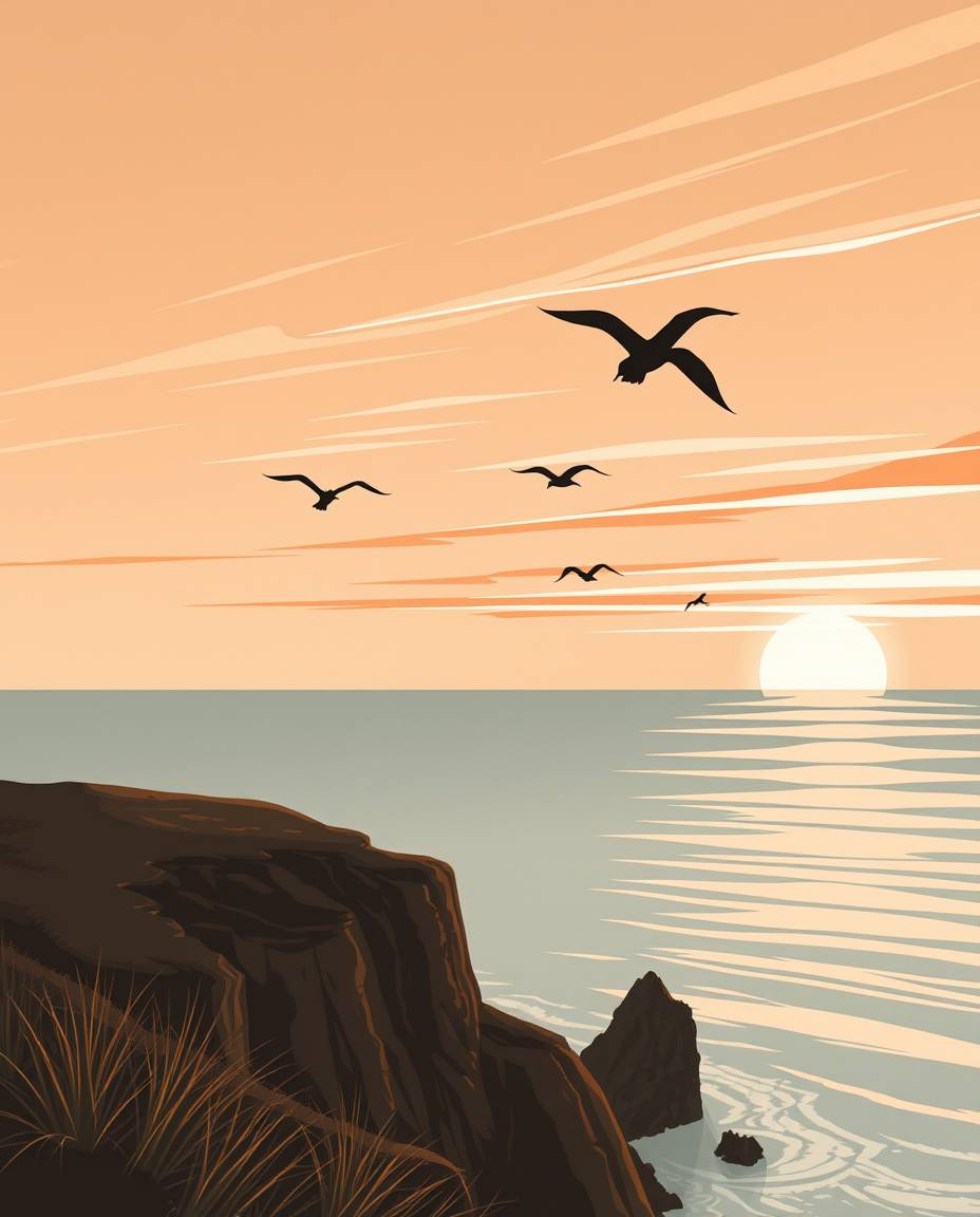 A graceful and elegant sunset over a coastal cliff, featuring the beautiful sight of soaring birds. The scene is depicted in 