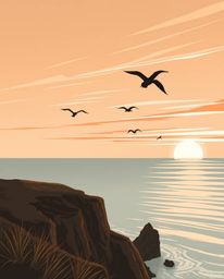 A graceful and elegant sunset over a coastal cliff, featuring the beautiful sight of soaring birds. The scene is depicted in 