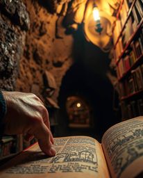 Explore a breathtaking extreme macro close-up capturing a hand reaching for an ancient book in a hidden underground library. 