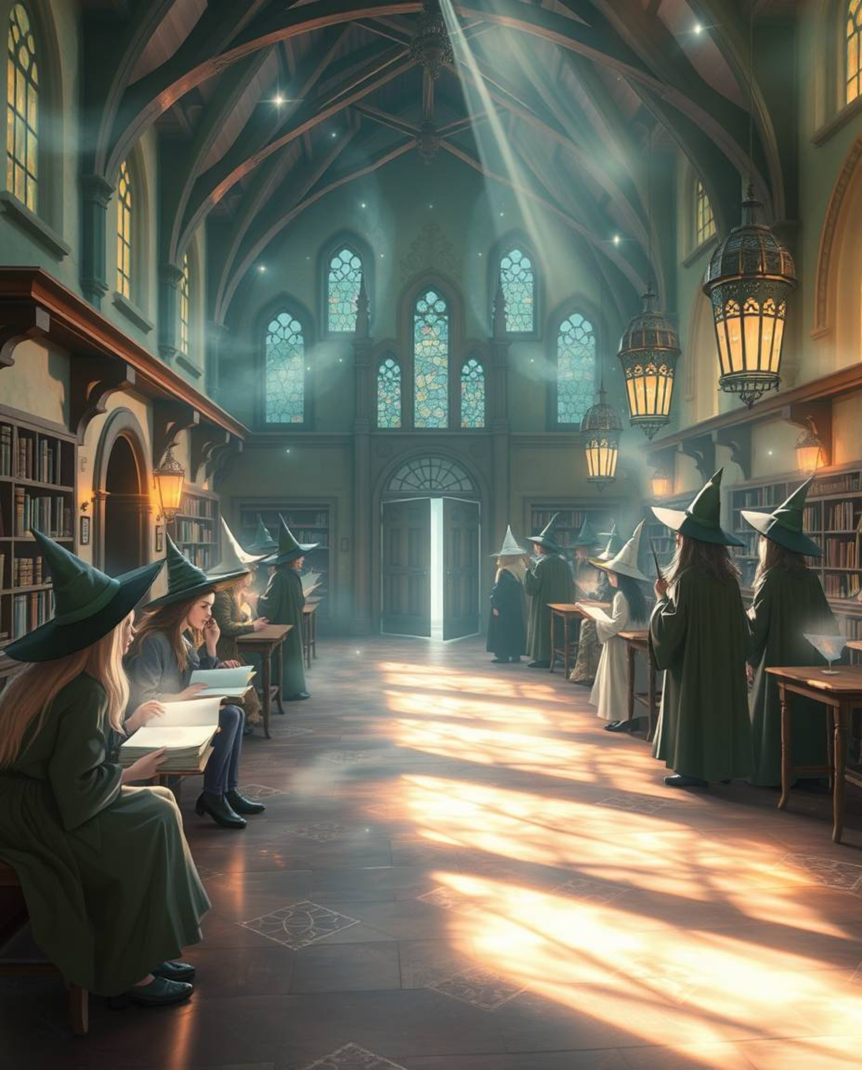 Explore a dreamlike magical school teeming with young wizards, bathed in a gentle light aura and mystical feeling. This encha