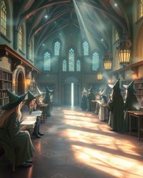 Explore a dreamlike magical school teeming with young wizards, bathed in a gentle light aura and mystical feeling. This encha