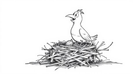 This artwork depicts an intense, dramatic weather scene with two cartoon birds diligently building their nest. Created in a c