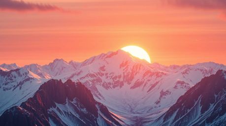 An illustration showcasing snow-covered mountains bathed in the ethereal glow of a pastel sunset, rendered with natural earth