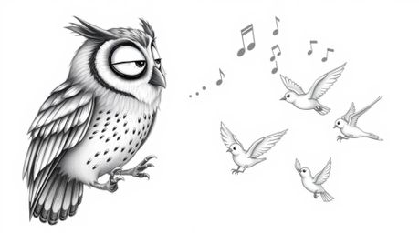 A wise, blind owl with intricate feather detail, rendered in a Pixar-inspired style, guides small birds as they learn to fly.