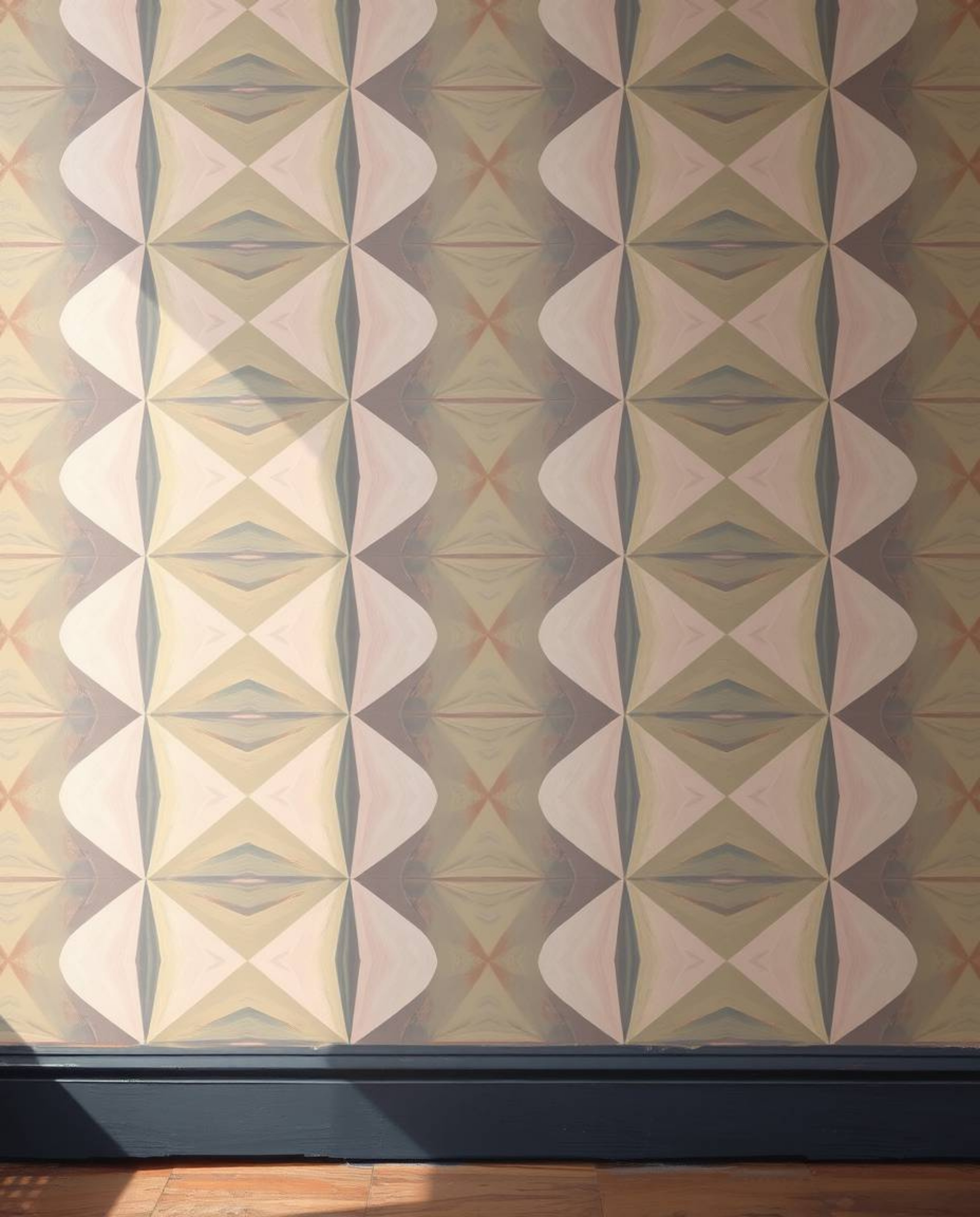 A classic oil painting showcasing a geometric pattern wallpaper rendered with subtle pastel gradients and a soft modern desig
