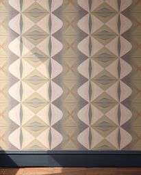 A classic oil painting showcasing a geometric pattern wallpaper rendered with subtle pastel gradients and a soft modern desig