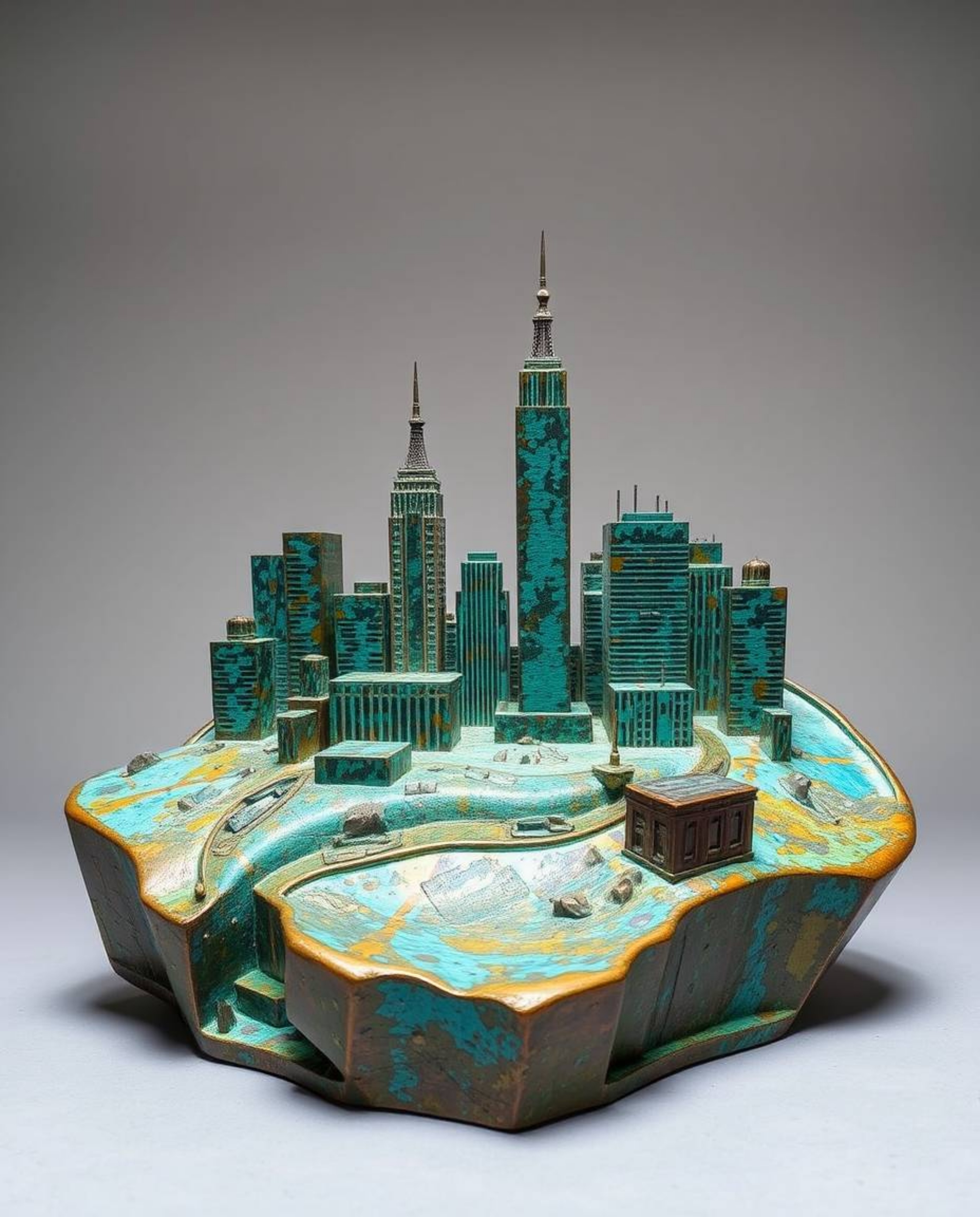 A captivating cast bronze sculpture portrays a glitchy digital landscape, featuring distorted skyscrapers and static noise.  