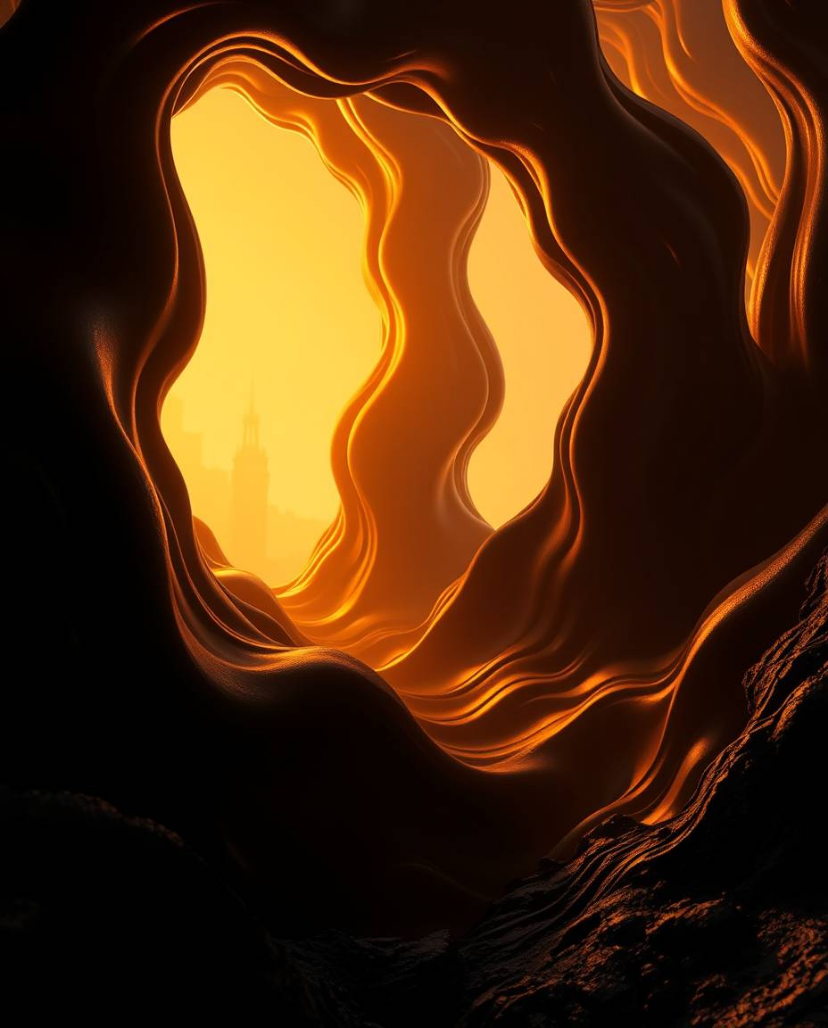 Explore a mesmerizing 3D illustration featuring fluid shapes seamlessly morphing in an endless loop. Bathed in warm golden ho