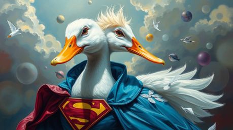 Immerse yourself in a dreamlike surreal oil painting featuring a graceful duck donning a zany superhero costume. Refined feat