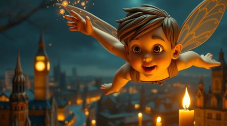 A young boy with sculpted features takes flight above a warm, candlelit London cityscape, imbued with glowing pixie dust. Ren