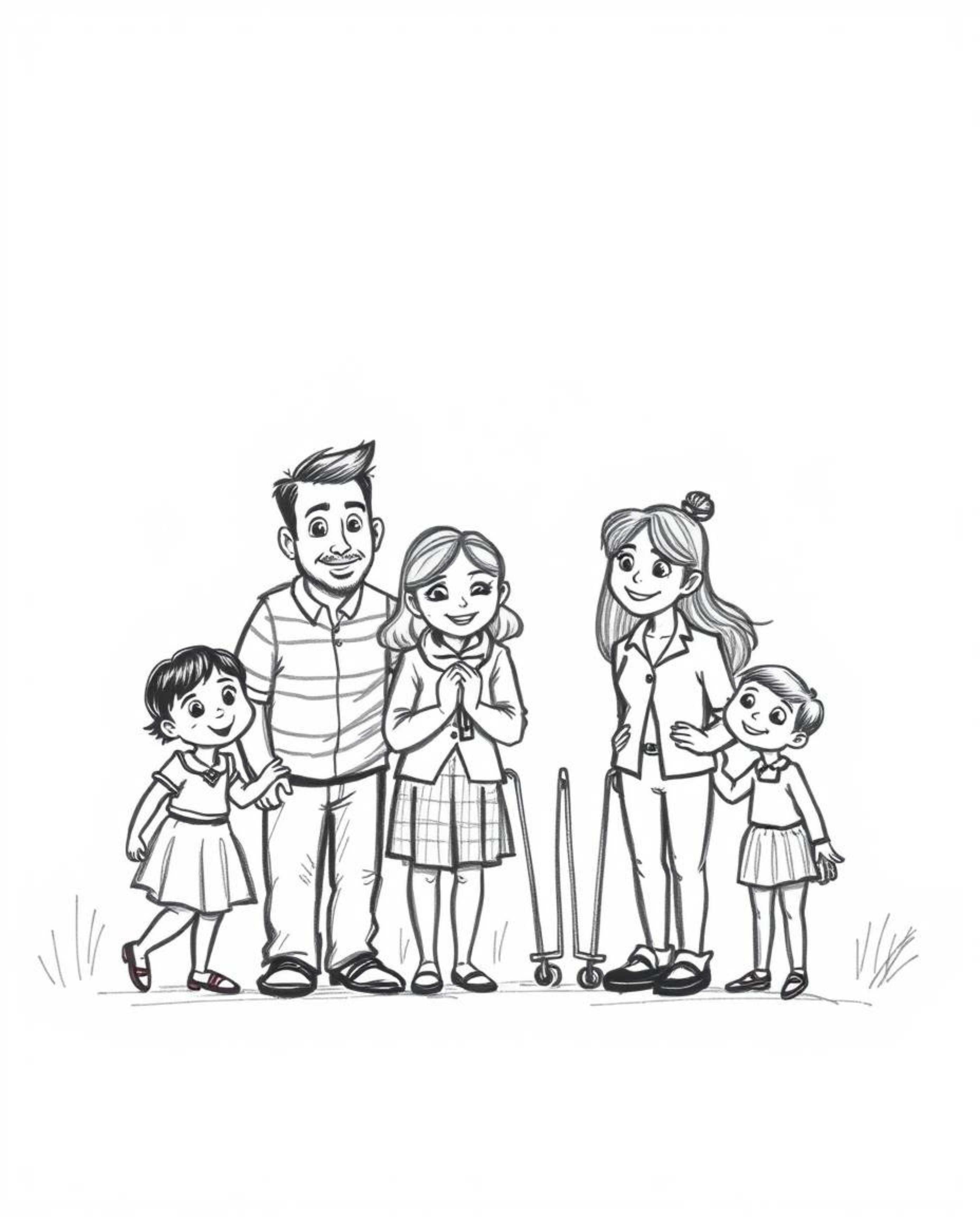 This hand-drawn sketch captures a heartfelt family reunion in the beloved Pixar style. The image features a soft, blurred bok