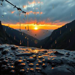 This series of oil paintings captures an extreme macro close-up of a wet, rainy scene during a sunset over a quiet mountain v