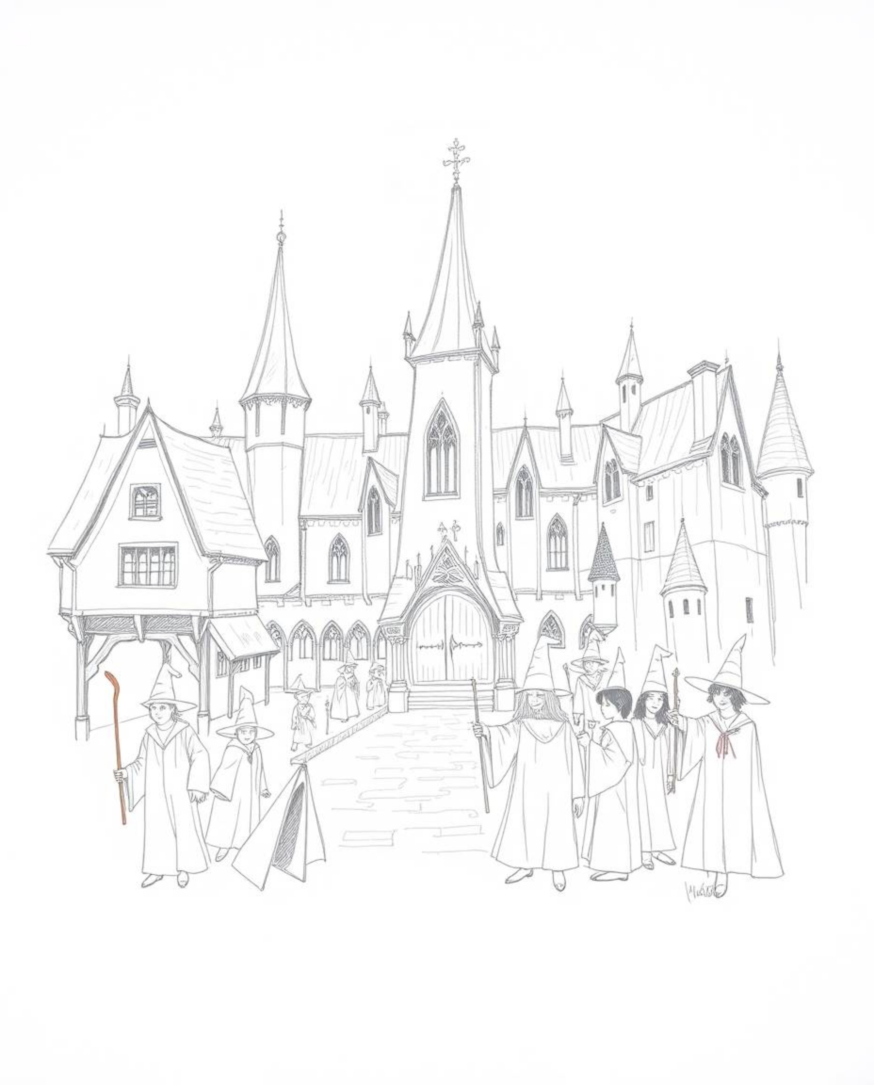 A captivating hand-drawn sketch depicts a magical school brimming with young wizards.  The illustration features rough, textu