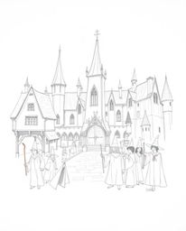 A captivating hand-drawn sketch depicts a magical school brimming with young wizards.  The illustration features rough, textu