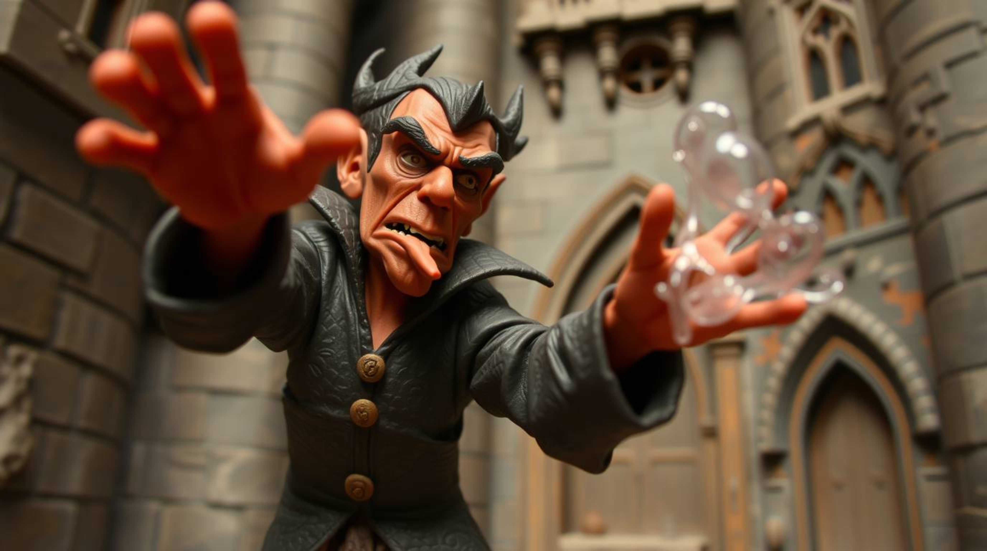 This striking sculptural clay art piece dynamically depicts a classic Disney villain with reddish-brown skin, engrossed in ca