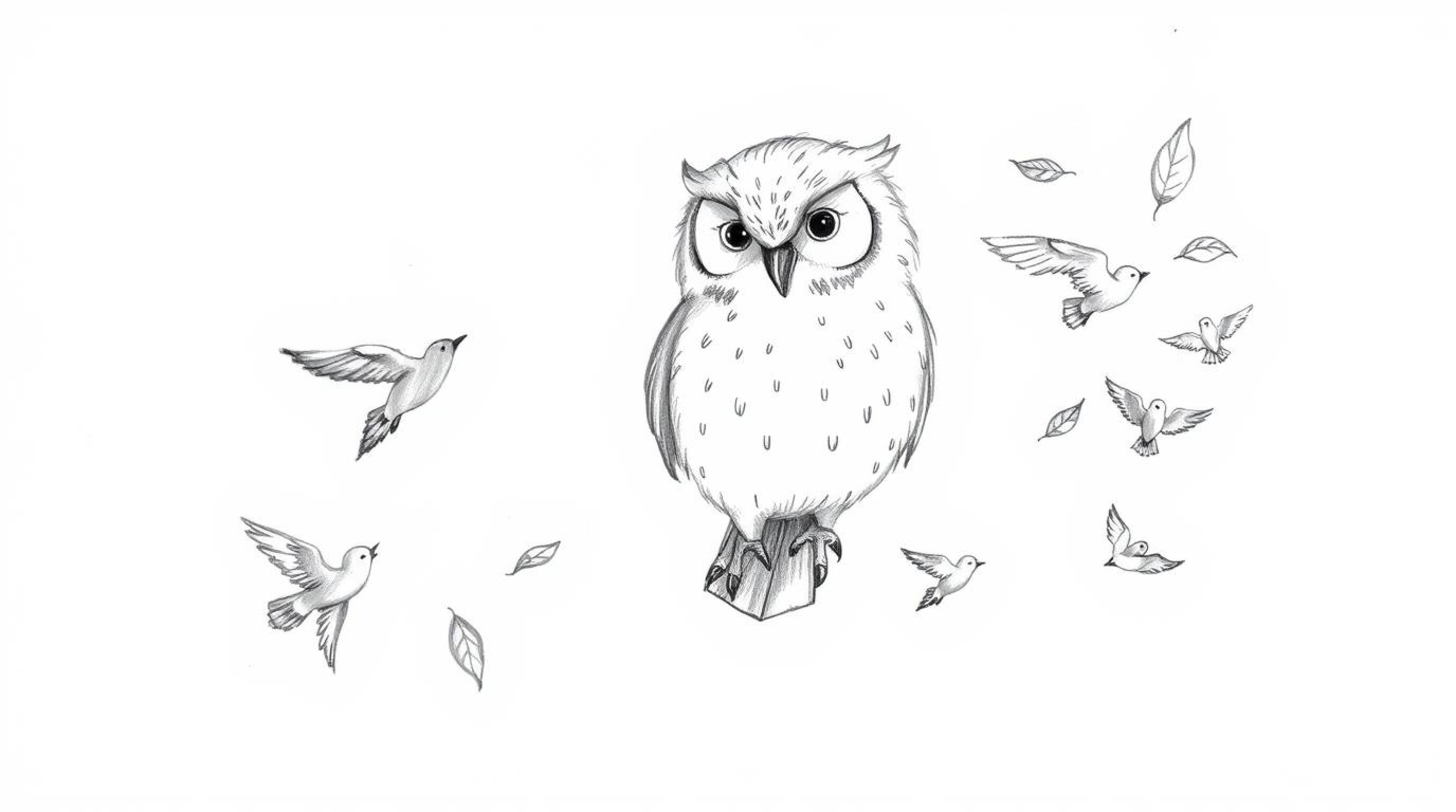 A hand-drawn pencil sketch, evoking the charm of Pixar animation, depicts a serene blind owl with soft, downy feathers. This 