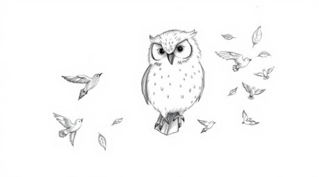 A hand-drawn pencil sketch, evoking the charm of Pixar animation, depicts a serene blind owl with soft, downy feathers. This 