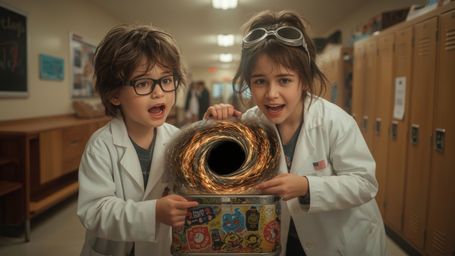 In a vibrant, cinematic photograph reminiscent of Pixar's playful storytelling, a dynamic science fair duo excitedly opens a 