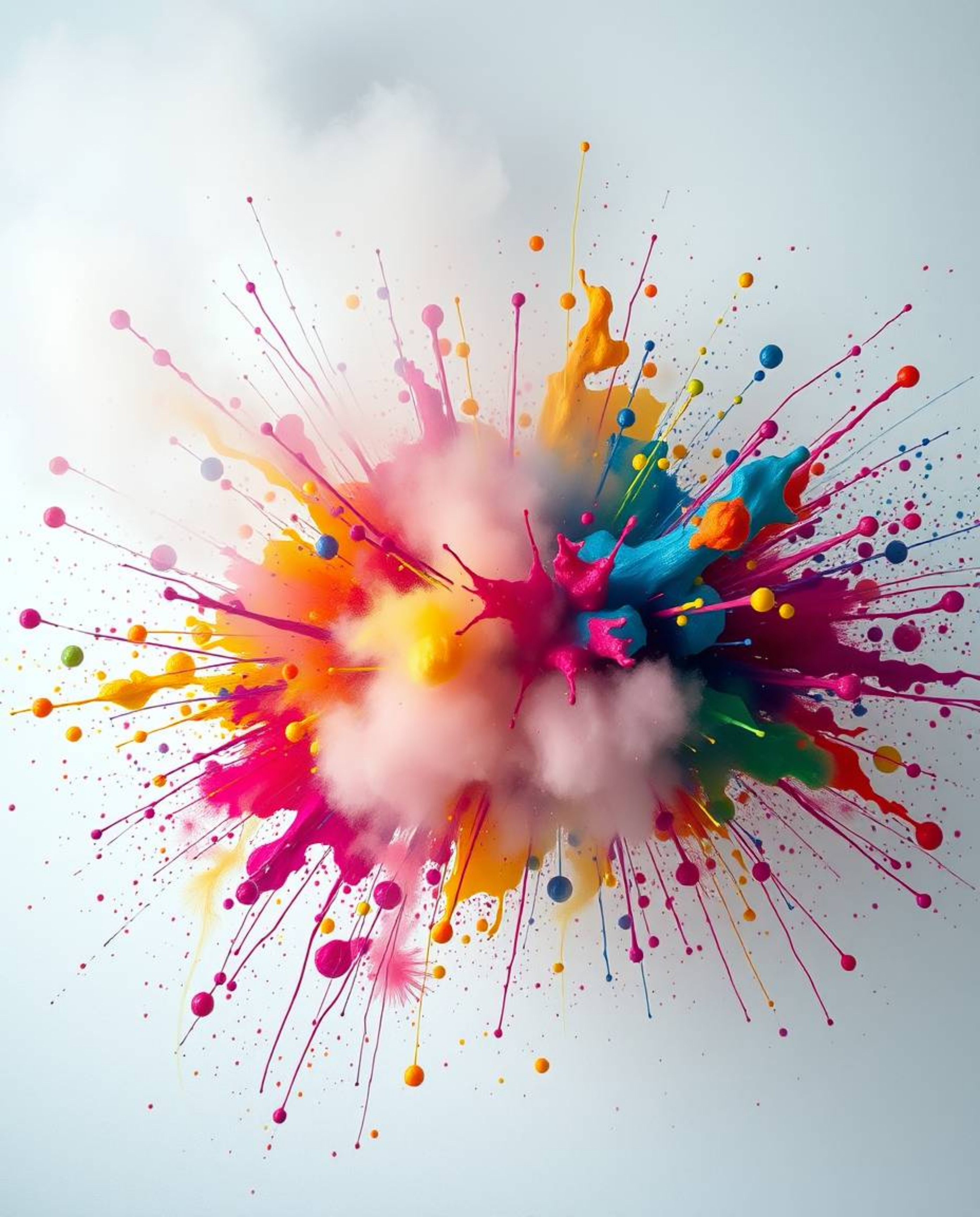 Explore a collection of images featuring a vibrant explosion of colorful paint splashes on a white canvas, rendered in high d