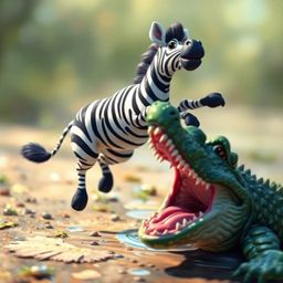 This striking oil painting captures a 3D cartoon zebra in mid-leap, desperately escaping the jaws of a menacing crocodile. Re