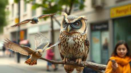 A heartwarming candid street photography scene unfolds in an urban setting, capturing a spontaneous moment where a blind owl,