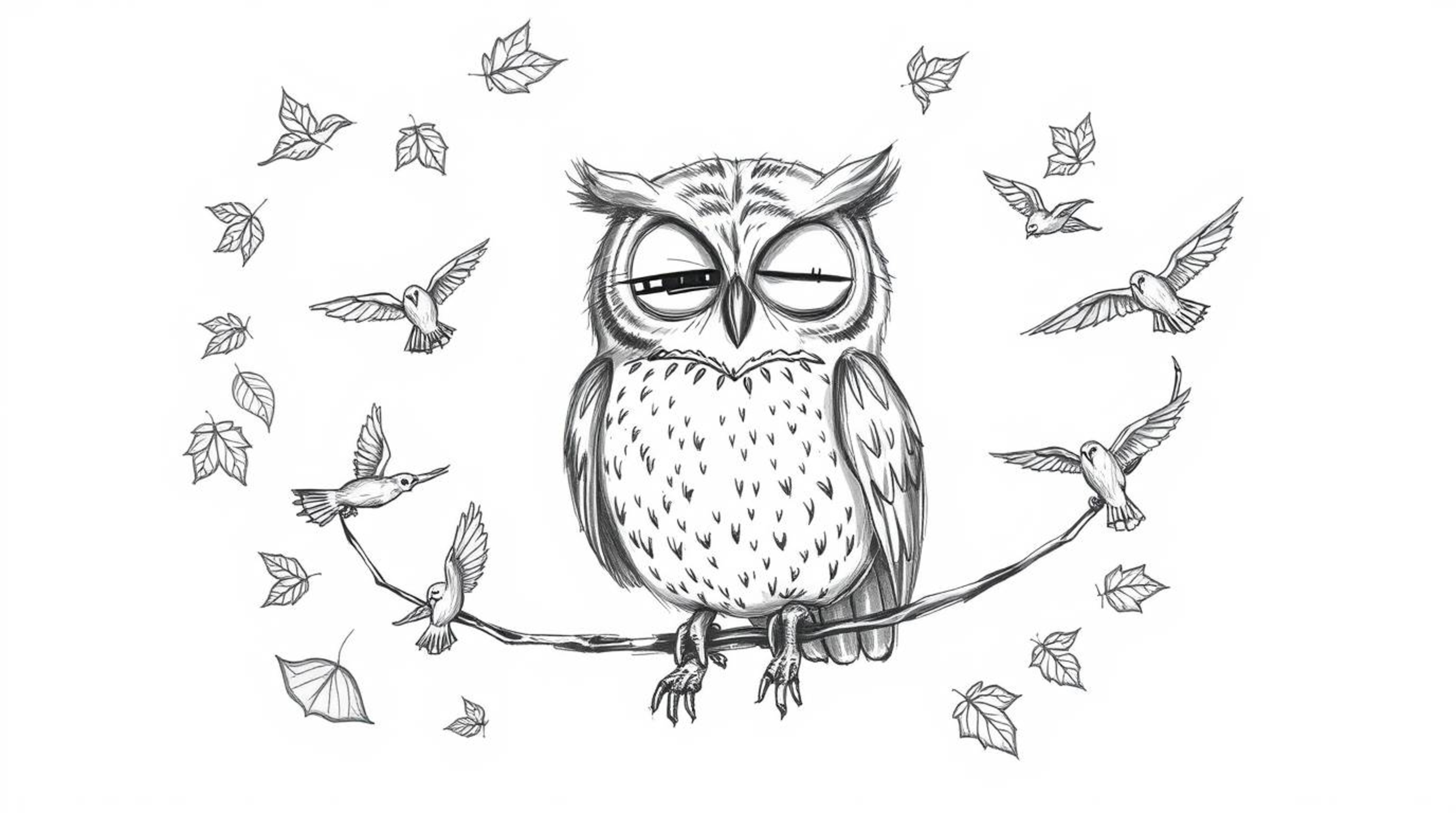A heart-warming hand-drawn sketch depicts a blind owl with expressive wrinkles around its eyes, patiently guiding birds to fl