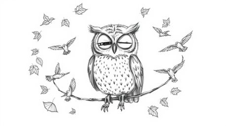 A heart-warming hand-drawn sketch depicts a blind owl with expressive wrinkles around its eyes, patiently guiding birds to fl