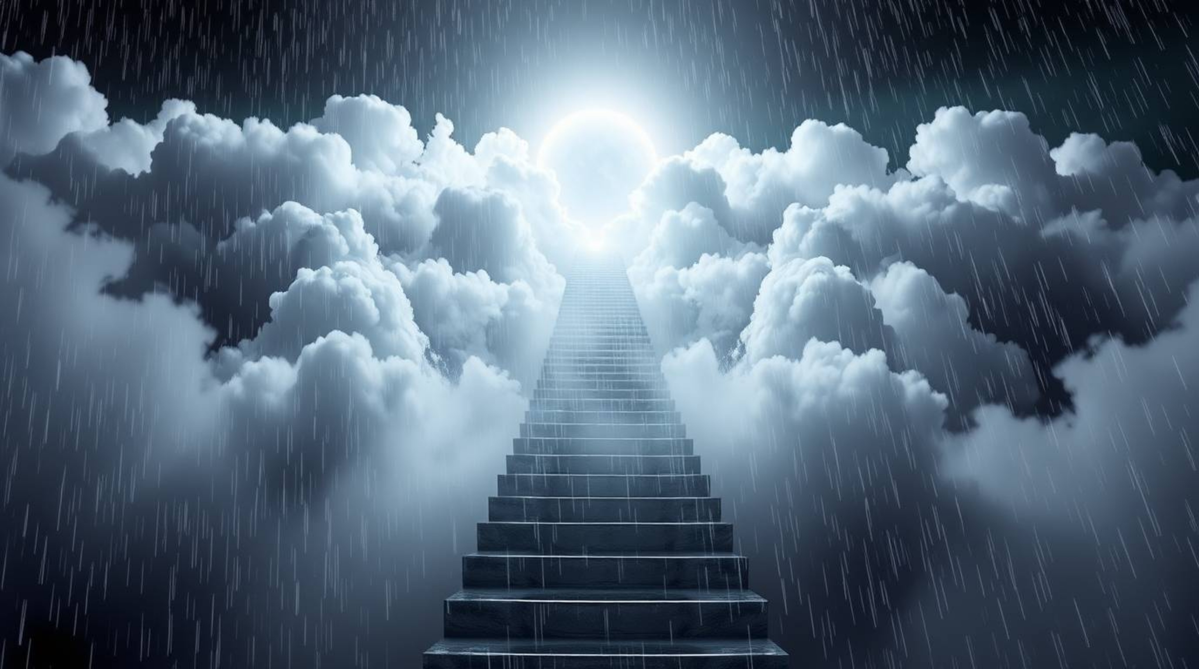 A captivating surreal infrared image depicts a stairway ascending through ethereal smoky clouds towards a radiant celestial l