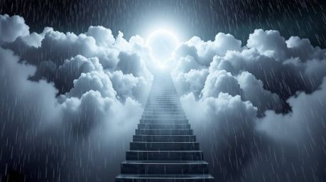A captivating surreal infrared image depicts a stairway ascending through ethereal smoky clouds towards a radiant celestial l