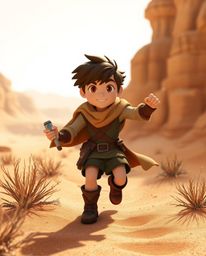 Embark on a thrilling Disney-style desert adventure with a brave hero amidst natural earth tones, strong hard light, and dire